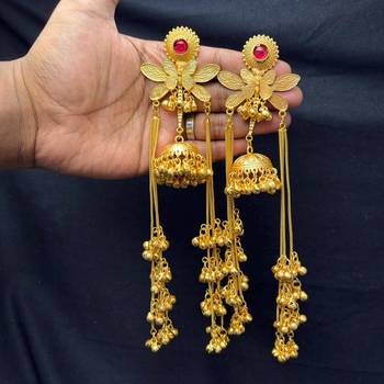 Long Gold Jhumka Earrings, Kashmiri Long chain Ghungroo Floral Chandelier Earrings, 3