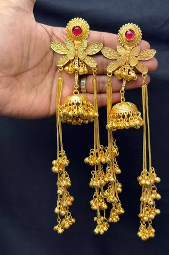 Long Gold Jhumka Earrings, Kashmiri Long chain Ghungroo Floral Chandelier Earrings,