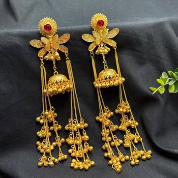 Long Gold Jhumka Earrings, Kashmiri Long chain Ghungroo Floral Chandelier Earrings, 4