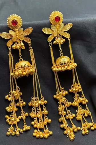 Long Gold Jhumka Earrings, Kashmiri Long chain Ghungroo Floral Chandelier Earrings,