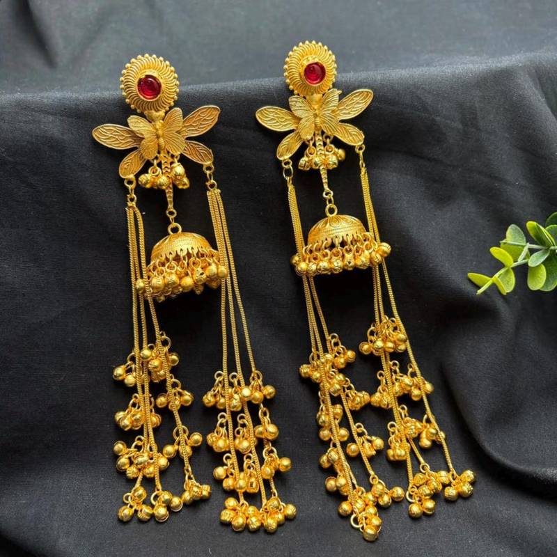 Long Gold Jhumka Earrings, Kashmiri Long chain Ghungroo Floral Chandelier Earrings,