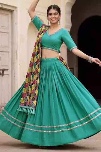 SEA GREEN RAYON EMBROIDERY PARTY WEAR LEHENGA CHOLI