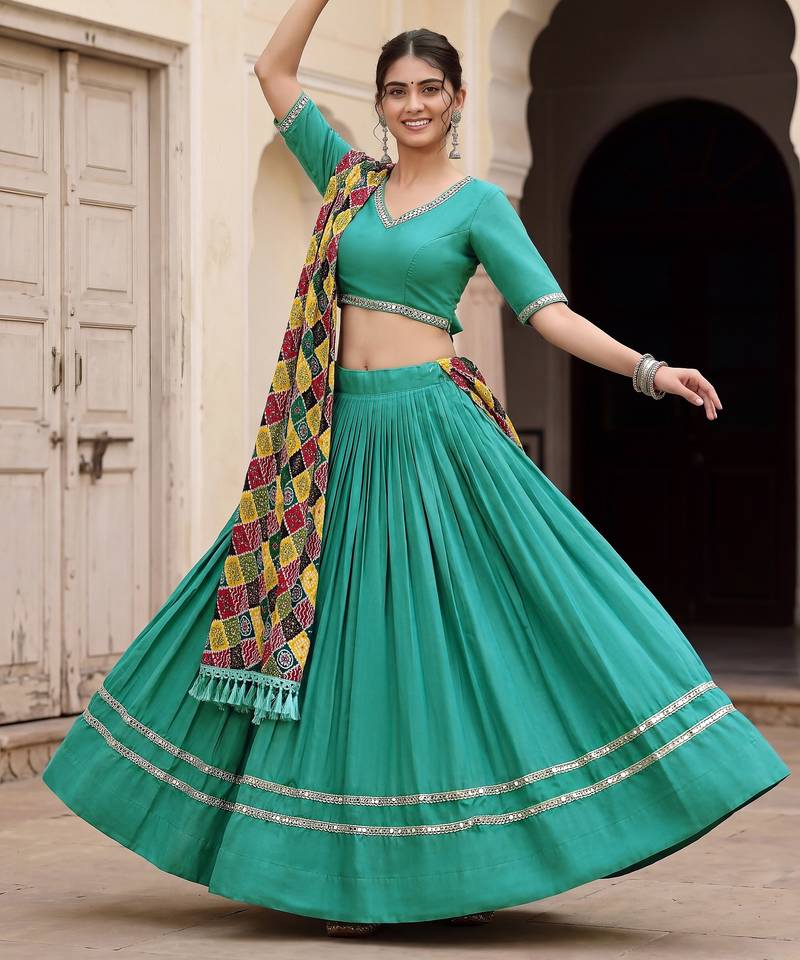SEA GREEN RAYON EMBROIDERY PARTY WEAR LEHENGA CHOLI