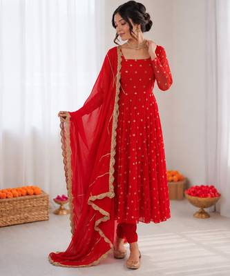 Red chinon silk thread with sequence anarkali suit 2