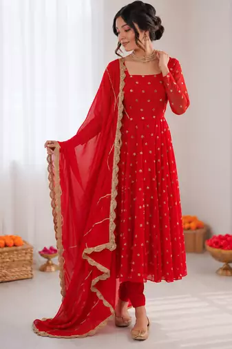 Red chinon silk thread with sequence anarkali suit