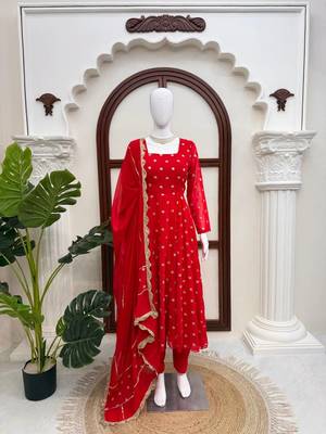 Red chinon silk thread with sequence anarkali suit 3