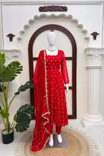 Red chinon silk thread with sequence anarkali suit