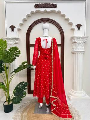 Red chinon silk thread with sequence anarkali suit 4