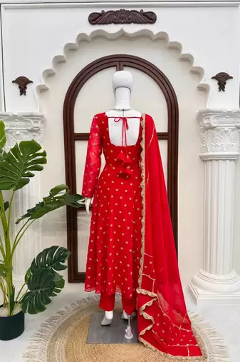 Red chinon silk thread with sequence anarkali suit