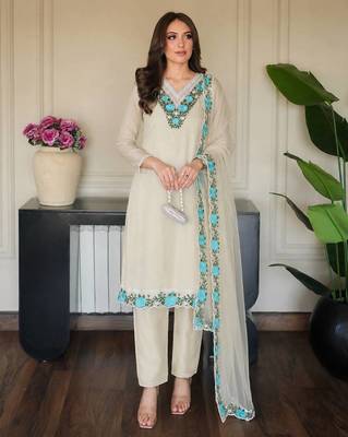 OFF- white color fancy embroidery thread work organza kurti set 1