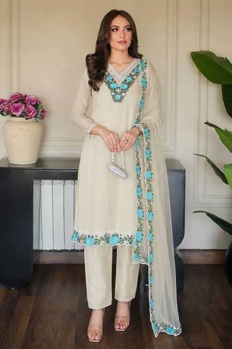 OFF- white fancy embroidery thread work organza kurti set