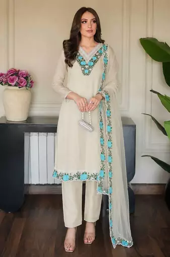 OFF- white color fancy embroidery thread work organza kurti set