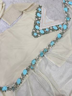 OFF- white color fancy embroidery thread work organza kurti set 2