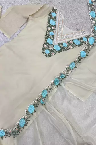 OFF- white color fancy embroidery thread work organza kurti set