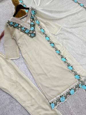 OFF- white color fancy embroidery thread work organza kurti set 3