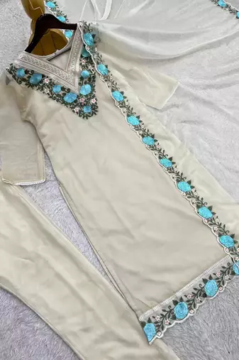 OFF- white color fancy embroidery thread work organza kurti set