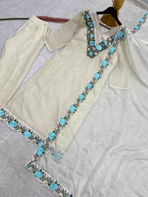 OFF- white color fancy embroidery thread work organza kurti set 4