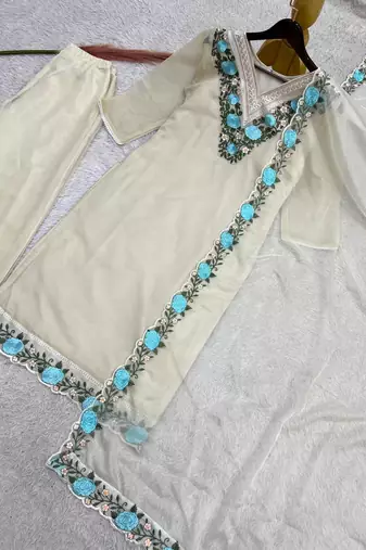 OFF- white color fancy embroidery thread work organza kurti set
