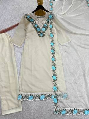 OFF- white color fancy embroidery thread work organza kurti set 5