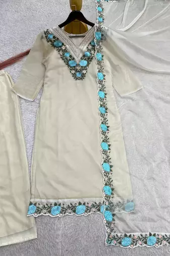 OFF- white color fancy embroidery thread work organza kurti set
