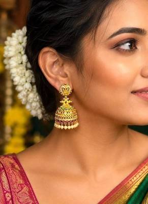 Gold Tone Temple Jhumka Earrings, South Indian Antique Bridal Earrings, Traditional Indian Jewelry,  1