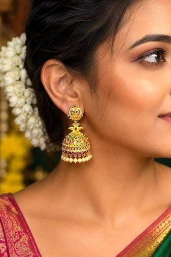 Gold Tone Temple Jhumka Earrings, South Indian Antique Bridal Earrings, Traditional Indian Jewelry, 