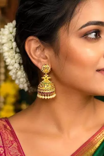 Gold Tone Temple Jhumka Earrings, South Indian Antique Bridal Earrings, Traditional Indian Jewelry, 