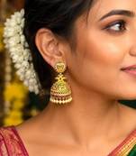 Gold Tone Temple Jhumka Earrings, South Indian Antique Bridal Earrings, Traditional Indian Jewelry, 