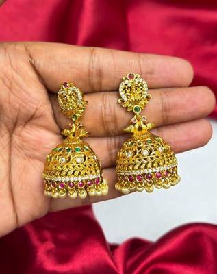 Gold Tone Temple Jhumka Earrings, South Indian Antique Bridal Earrings, Traditional Indian Jewelry,  2