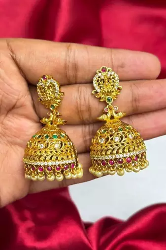 Gold Tone Temple Jhumka Earrings, South Indian Antique Bridal Earrings, Traditional Indian Jewelry, 