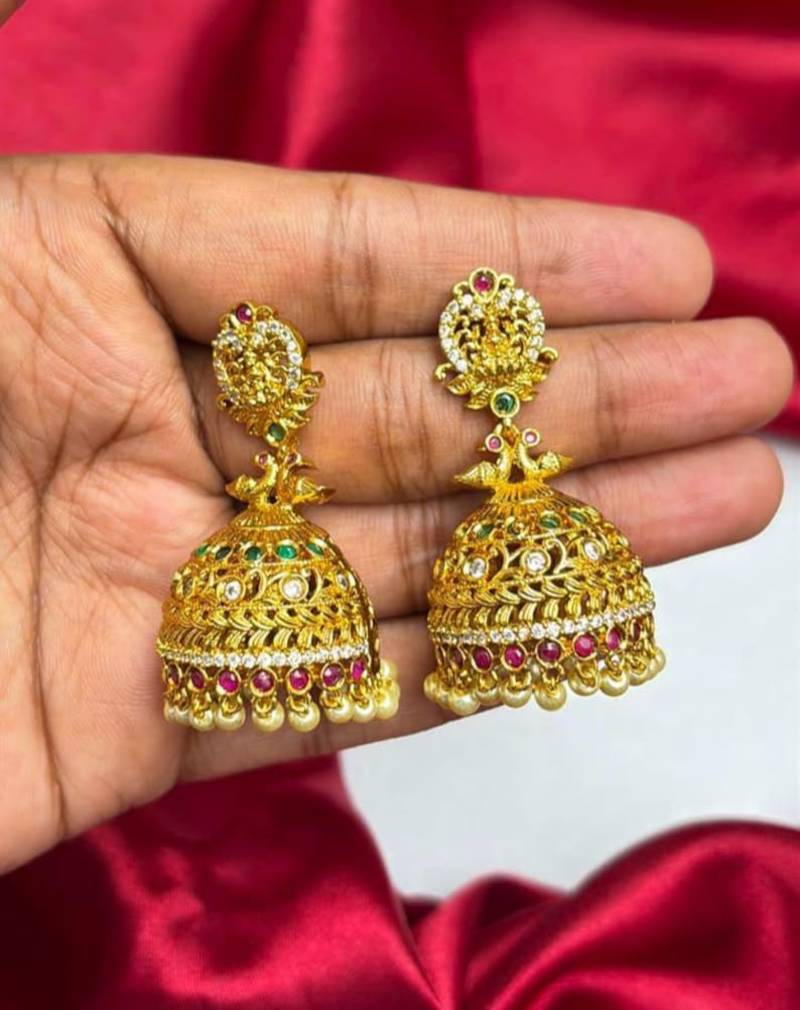 Gold Tone Temple Jhumka Earrings, South Indian Antique Bridal Earrings, Traditional Indian Jewelry, 