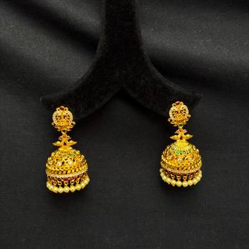 Gold Tone Temple Jhumka Earrings, South Indian Antique Bridal Earrings, Traditional Indian Jewelry,  3