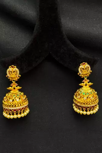 Gold Tone Temple Jhumka Earrings, South Indian Antique Bridal Earrings, Traditional Indian Jewelry, 