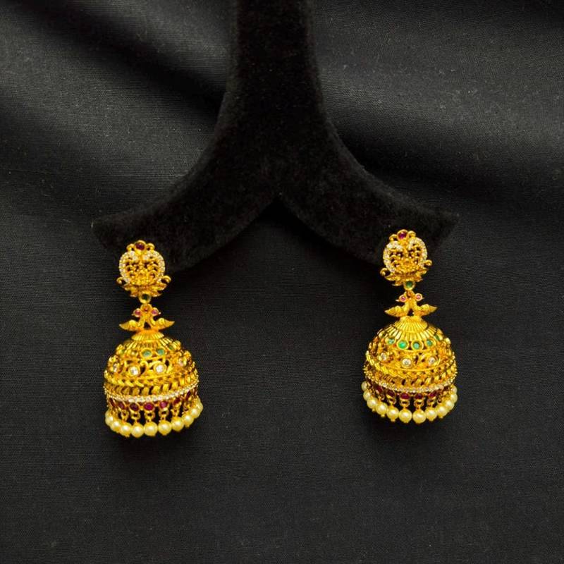 Gold Tone Temple Jhumka Earrings, South Indian Antique Bridal Earrings, Traditional Indian Jewelry, 