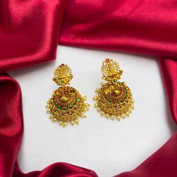 Gold Tone Temple Jhumka Earrings, South Indian Antique Bridal Earrings, Traditional Indian Jewelry,  4