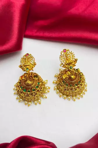 Gold Tone Temple Jhumka Earrings, South Indian Antique Bridal Earrings, Traditional Indian Jewelry, 