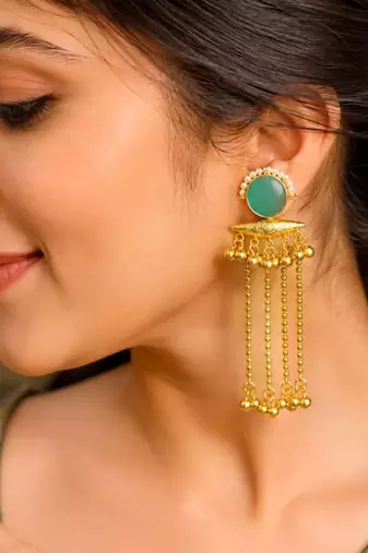 Green Stone Long Dangle Earrings, Pearl Gold Tone Chandelier Kashmiri Ghungroo Earrings