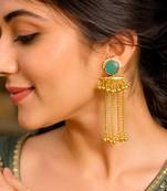Green Stone Long Dangle Earrings, Pearl Gold Tone Chandelier Kashmiri Ghungroo Earrings