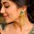 Green Stone Long Dangle Earrings, Pearl Gold Tone Chandelier Kashmiri Ghungroo Earrings