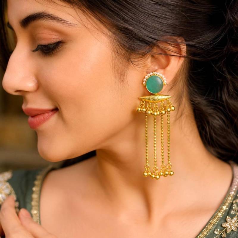Green Stone Long Dangle Earrings, Pearl Gold Tone Chandelier Kashmiri Ghungroo Earrings
