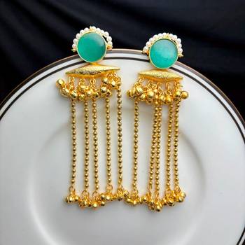 Green Stone Long Dangle Earrings, Pearl Gold Tone Chandelier Kashmiri Ghungroo Earrings 2