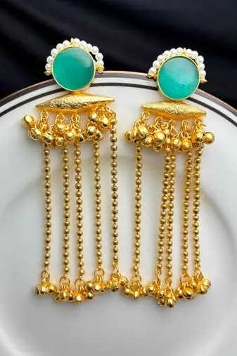 Green Stone Long Dangle Earrings, Pearl Gold Tone Chandelier Kashmiri Ghungroo Earrings