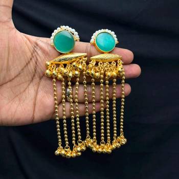 Green Stone Long Dangle Earrings, Pearl Gold Tone Chandelier Kashmiri Ghungroo Earrings 3