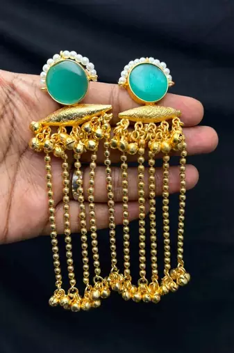 Green Stone Long Dangle Earrings, Pearl Gold Tone Chandelier Kashmiri Ghungroo Earrings
