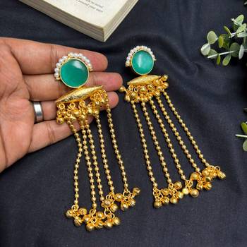 Green Stone Long Dangle Earrings, Pearl Gold Tone Chandelier Kashmiri Ghungroo Earrings 4