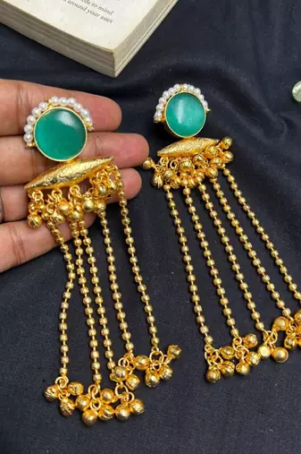 Green Stone Long Dangle Earrings, Pearl Gold Tone Chandelier Kashmiri Ghungroo Earrings