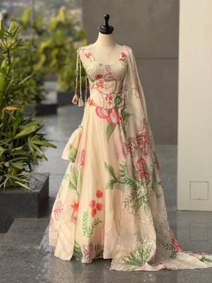 cream floral silk lehenga with free size upto 44 4