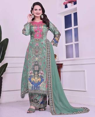 sea green color digital print with real mirror handwork and hanging lace border silk blend kurti palazzo set 1