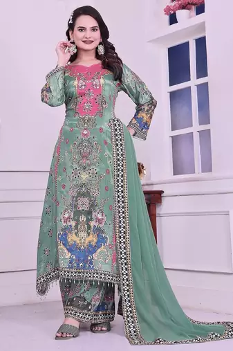 sea green color digital print with real mirror handwork and hanging lace border silk blend kurti palazzo set