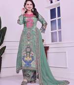 sea green color digital print with real mirror handwork and hanging lace border silk blend kurti palazzo set